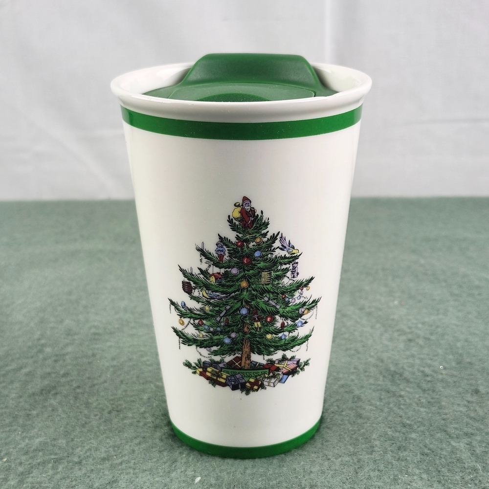 Spode Christmas Tree Ceramic Travel Mug Tumbler Plastic  Lid 12oz Cup‎